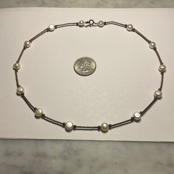 Vintage Sterling Silver Spaced Pearls Necklace. 18 inches long - Picture 1 of 3